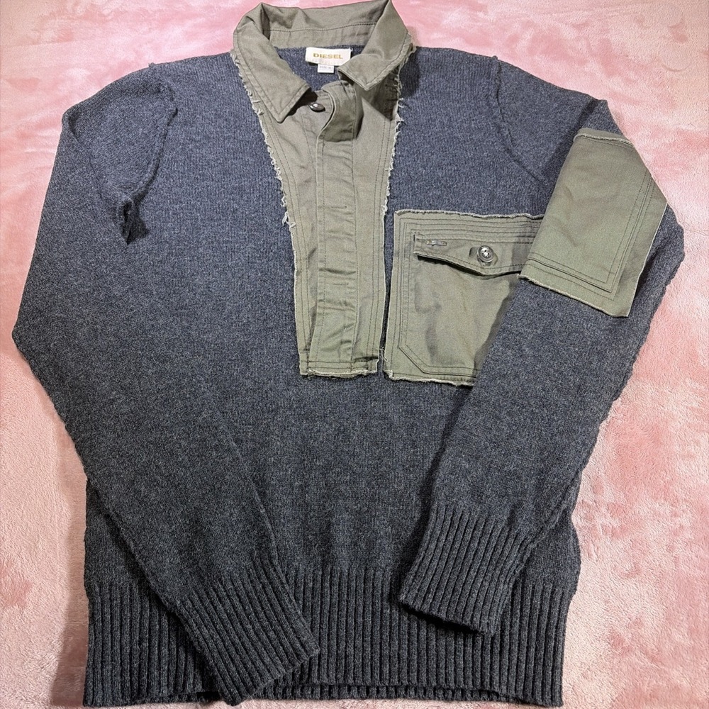 Diesel Reworked Military Wool Knit Sweater Army Patchwork Sz Medium